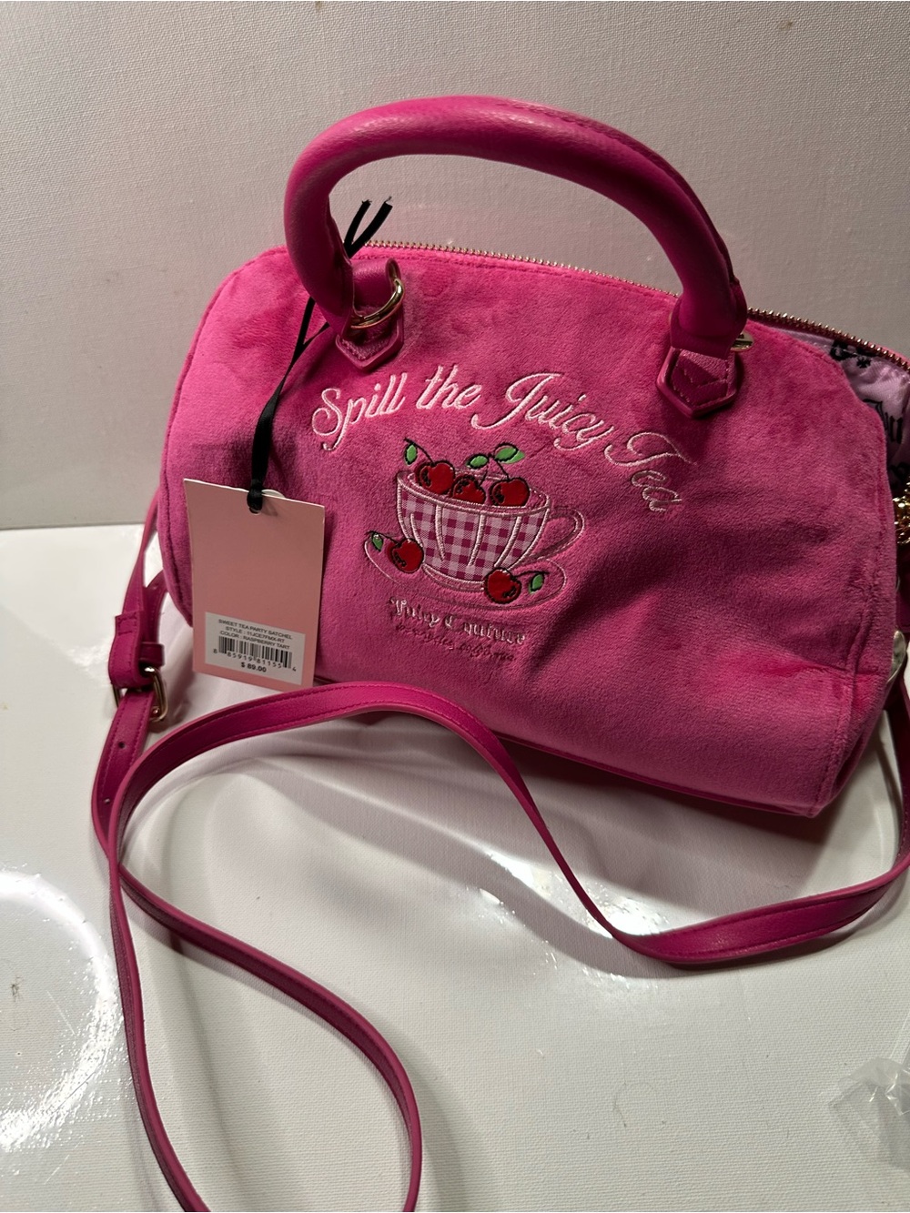 Juicy Couture Pink Cherry Print Mini Crossbody with Gold Chain
